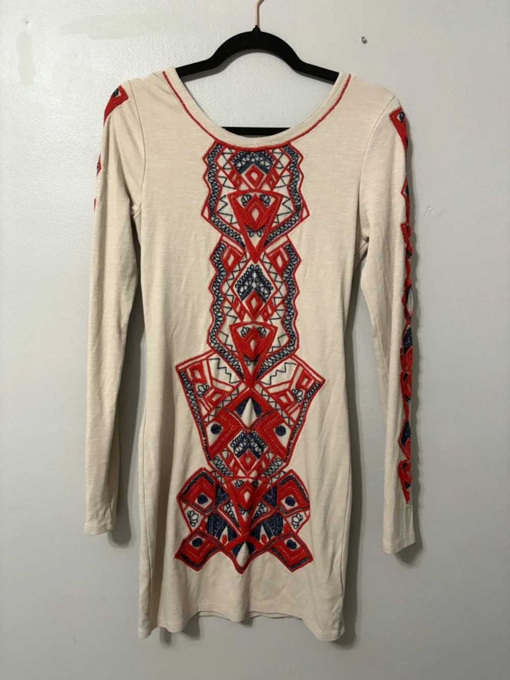 Free People Beige Long Sleeve Bodycon Dress with Red Geometric Motif - Picture 4 of 7